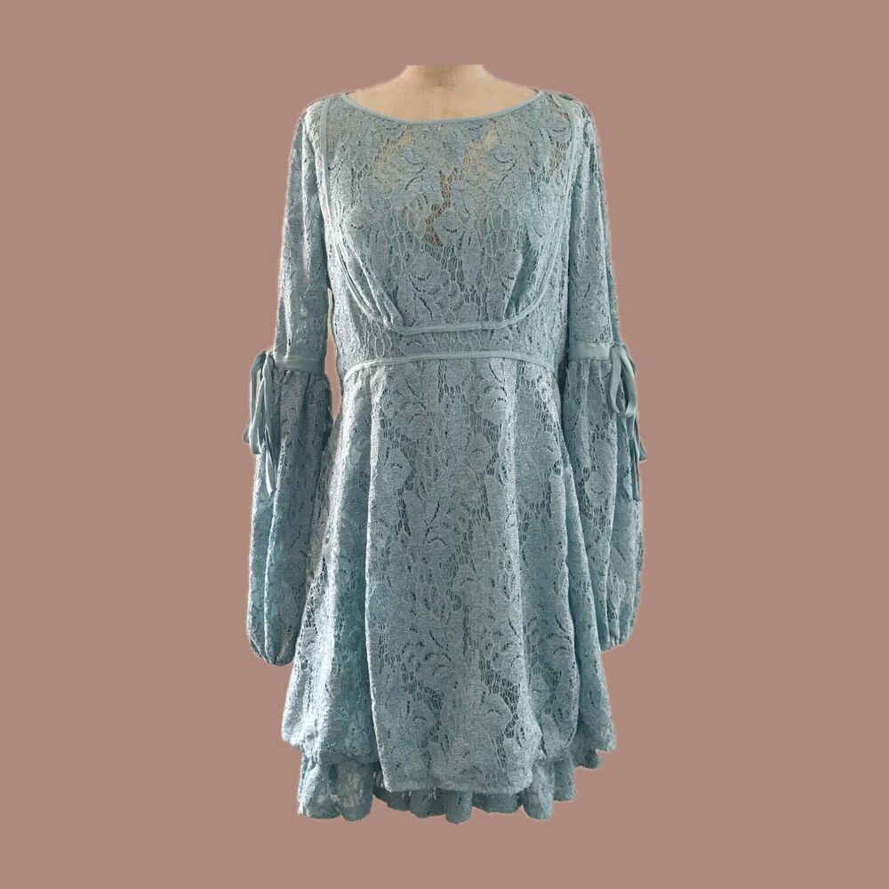 Free People Turquoise Blue Lace Long Bubble Sleeve Summer Mini Dress - S